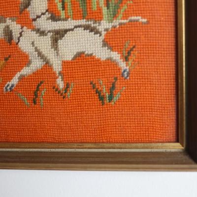 Framed Needlepoint Dogs Hunting Wall Hanging