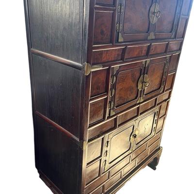 Antique Dark Wood Korean Three Level Cabinet with Storage