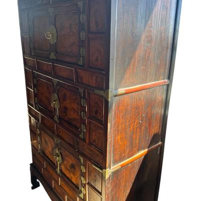 Antique Dark Wood Korean Three Level Cabinet with Storage