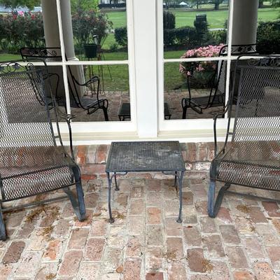 Wrought Iron High Back Spring Base Chairs and Side Table