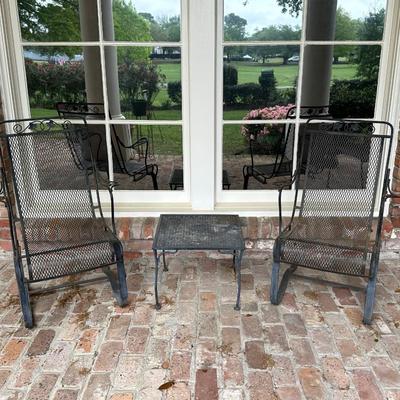 Wrought Iron High Back Spring Base Chairs and Side Table