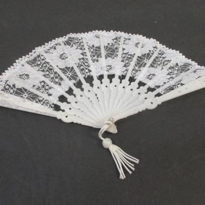 12 - Vintage White Hand Fan Plastic Lace Costume Prop