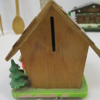 Vintage German Decor Bank Clock Music Box Wooden Utensils