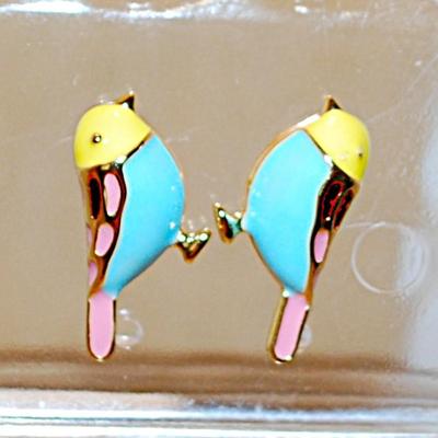 Yellow, Blue & Pink BIRDS Earrings (¾" x ½") on a Gold Tone Stud Clasp