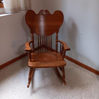 ANTIQUE ROCKING CHAIR WITH TOOLED LEATHER SEAT