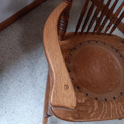 ANTIQUE ROCKING CHAIR WITH TOOLED LEATHER SEAT