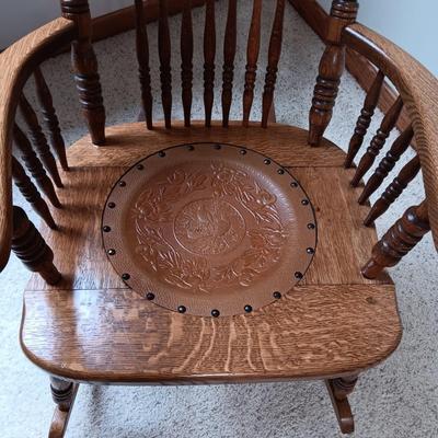 ANTIQUE ROCKING CHAIR WITH TOOLED LEATHER SEAT