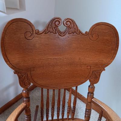 ANTIQUE ROCKING CHAIR WITH TOOLED LEATHER SEAT