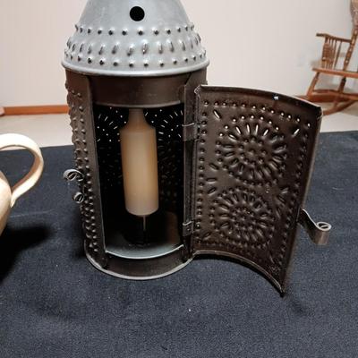 CLAY BASE LANTERN AND A TIN CANDLE LANTERN