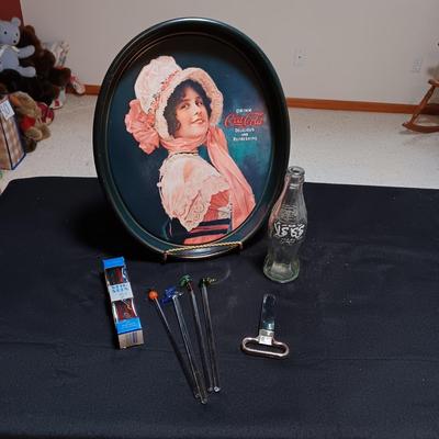 COCA-COLA TRAY AND BOTTLE FROM FOREIGN COUNTRY PLUS BARWARE