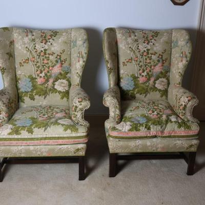 Pair of Vintage Wing Chairs in Floral Upholstery