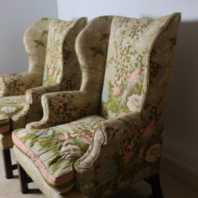 Pair of Vintage Wing Chairs in Floral Upholstery