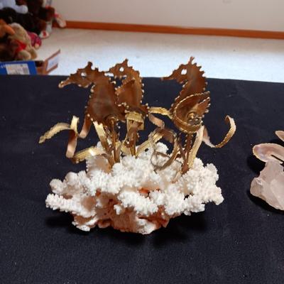 NICE PIECE OF CORAL WITH TIN SEAHORSES AND A CRYSTAL AMONG TIN LILY PADS AND A FLYING BIRD