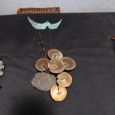 NICE PIECE OF CORAL WITH TIN SEAHORSES AND A CRYSTAL AMONG TIN LILY PADS AND A FLYING BIRD