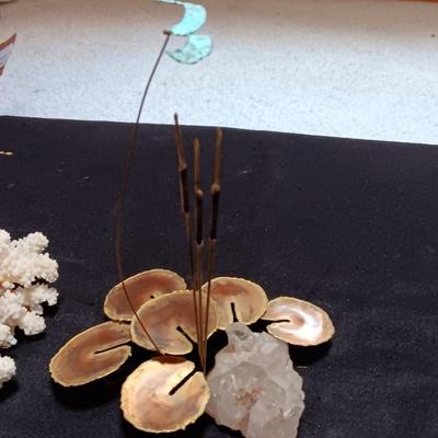 NICE PIECE OF CORAL WITH TIN SEAHORSES AND A CRYSTAL AMONG TIN LILY PADS AND A FLYING BIRD