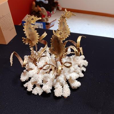NICE PIECE OF CORAL WITH TIN SEAHORSES AND A CRYSTAL AMONG TIN LILY PADS AND A FLYING BIRD