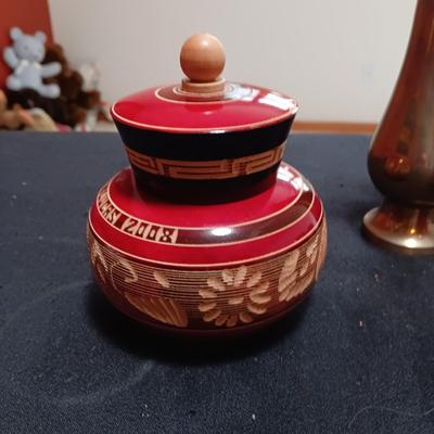 WOODEN TRINKET BOX, WOODEN APPLE WITH MINIATURES AND A BRASS VASE