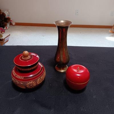 WOODEN TRINKET BOX, WOODEN APPLE WITH MINIATURES AND A BRASS VASE