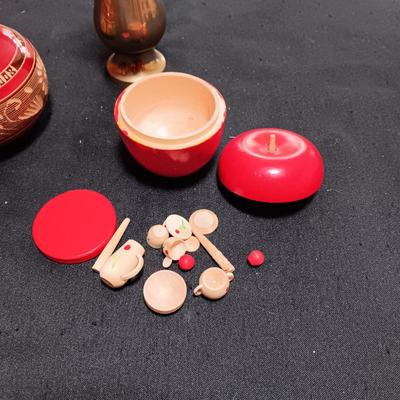 WOODEN TRINKET BOX, WOODEN APPLE WITH MINIATURES AND A BRASS VASE