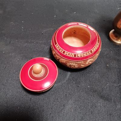 WOODEN TRINKET BOX, WOODEN APPLE WITH MINIATURES AND A BRASS VASE