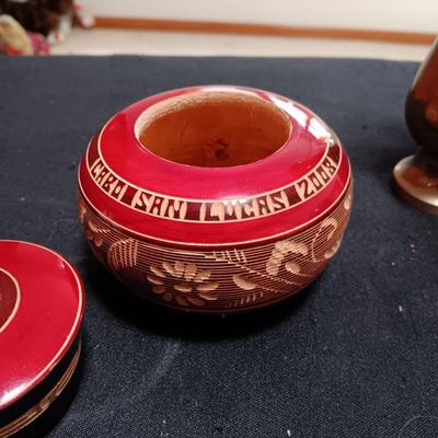 WOODEN TRINKET BOX, WOODEN APPLE WITH MINIATURES AND A BRASS VASE