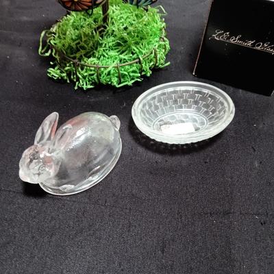 HAND PAINTED EGGS IN A METAL RACK AND A GLASS RABBIT