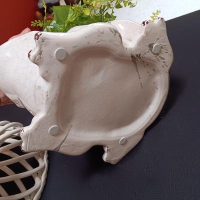 TERRA COTTA FROG W/PLASTIC LILIES AND A CERAMIC LACED BOWL