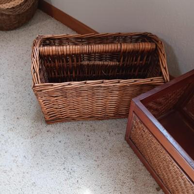 WOODEN BOX, CLOTH & BASKET & WICKER MAGAZINE RACK