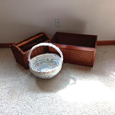 WOODEN BOX, CLOTH & BASKET & WICKER MAGAZINE RACK