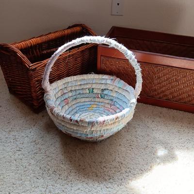 WOODEN BOX, CLOTH & BASKET & WICKER MAGAZINE RACK