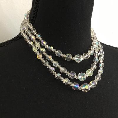 Beautiful, three strand, aurora borealis, crystal vintage necklace