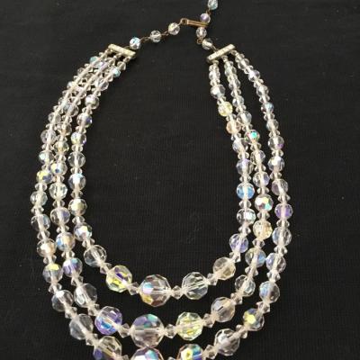 Beautiful, three strand, aurora borealis, crystal vintage necklace