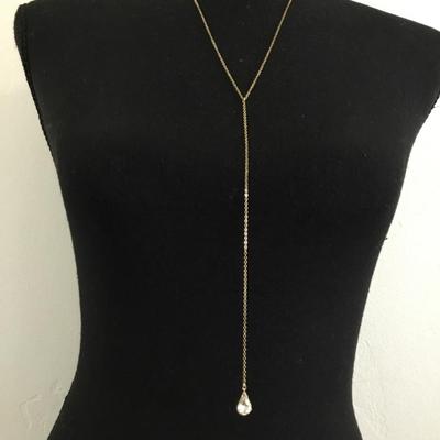 Cute Gold tone rhinestone teardrop Y necklace