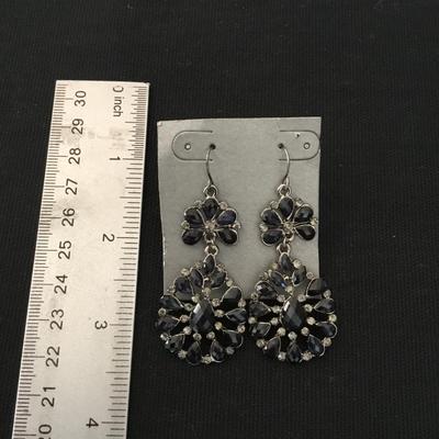 Cute silver tone jet black rhinestone dangle earrings