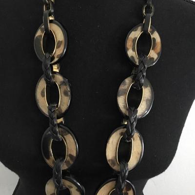 Chicos, large acrylic, leopard chain-link, and leather statement necklace
