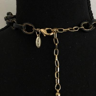 Chicos, large acrylic, leopard chain-link, and leather statement necklace