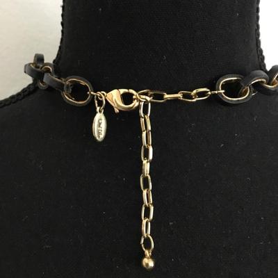 Chicos, large acrylic, leopard chain-link, and leather statement necklace