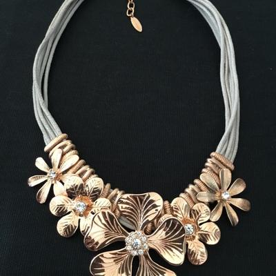 Signed ST. Thomas rose, gold flower, statement, necklace