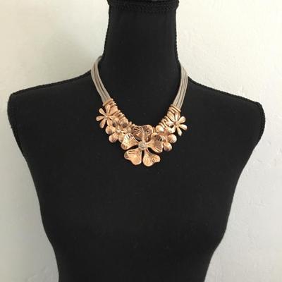 Signed ST. Thomas rose, gold flower, statement, necklace
