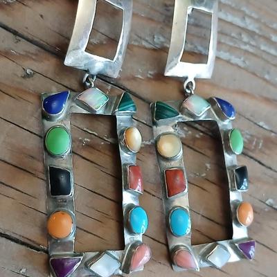 Vintage JM signed Handcrafted Sterling marked earrings inlayed with precious stones