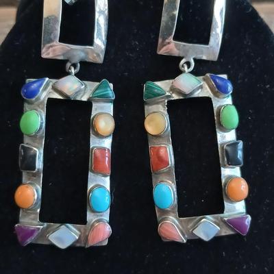 Vintage JM signed Handcrafted Sterling marked earrings inlayed with precious stones