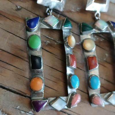 Vintage JM signed Handcrafted Sterling marked earrings inlayed with precious stones