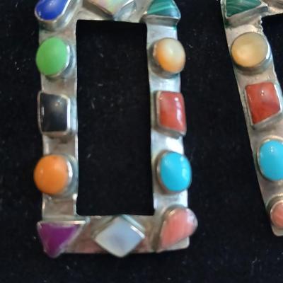 Vintage JM signed Handcrafted Sterling marked earrings inlayed with precious stones