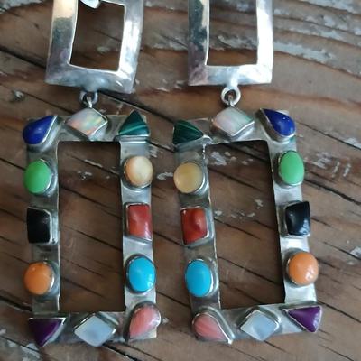 Vintage JM signed Handcrafted Sterling marked earrings inlayed with precious stones