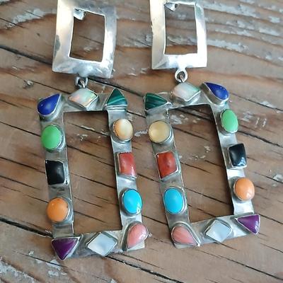 Vintage JM signed Handcrafted Sterling marked earrings inlayed with precious stones