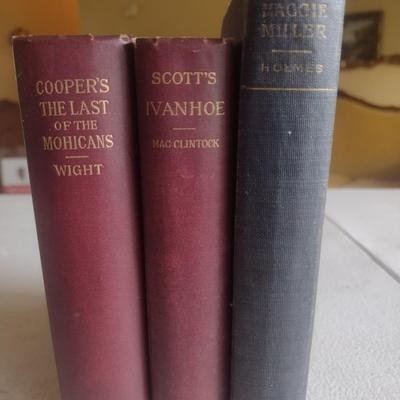 Set of Three Antique Classic Books 'Last of the Mohicans' 1901, 'Ivanhoe' 1905, and 'Maggie Miller' Undated