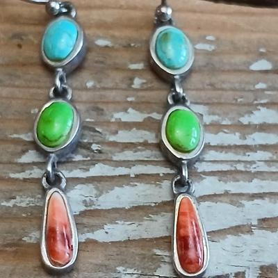 Vintage Southwestern / Native Colorful Multi-Stone Dangle earrings marked .925 BARS