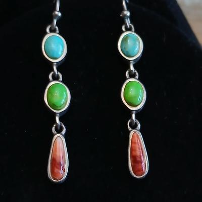 Vintage Southwestern / Native Colorful Multi-Stone Dangle earrings marked .925 BARS