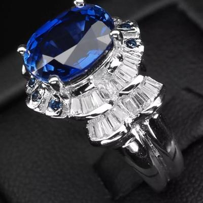 Elegant Royal Blue Sapphire 5.15Ct 925 Sterling Silver White Gold Plated Ring