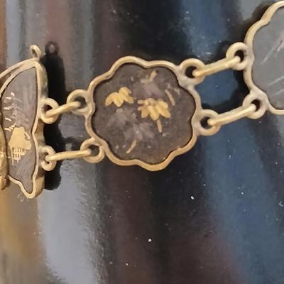 Antique Japanese Damascene Shakufo K24 Gold Silver Inlay Butterfly Bracelet 1940's style - Marked K24 With matching Butterfly earrings